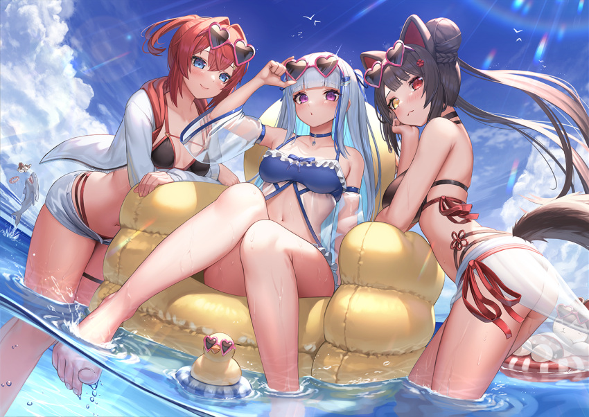 3girls ange_katrina animal_ears ass bangs bare_legs barefoot bikini bird black_bikini black_hair blue_bikini blue_choker blue_eyes blue_hair blue_ribbon blue_sky blunt_bangs blush braid breasts chick choker closed_mouth collarbone colored_inner_hair commentary_request day detached_sleeves eyebrows_visible_through_hair eyewear_on_head hair_bun hair_ribbon heart heart-shaped_eyewear heterochromia inflatable_chair innertube inui_toko jacket lens_flare lize_helesta long_hair long_sleeves looking_at_viewer medium_breasts multicolored_hair multiple_girls navel nijisanji open_clothes open_jacket outdoors parted_lips purple_eyes red_eyes red_hair revision ribbon rubber_duck sarong sebastian_piyodore see-through_sleeves shark shorts silver_hair sitting sky small_breasts smile soaking_feet streaked_hair sunglasses suraimu_(suraimuraimu) swimsuit tail thigh_strap two-tone_hair virtual_youtuber wading water wet yellow_eyes