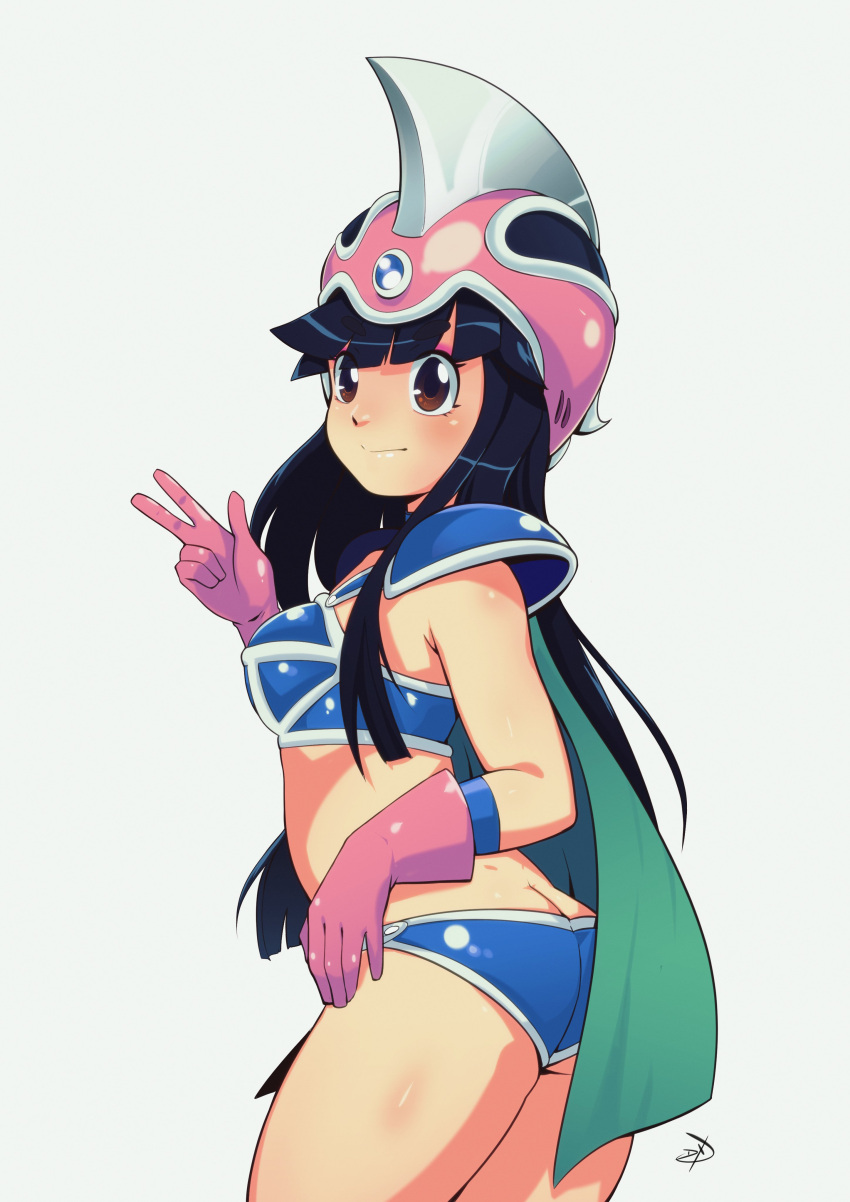 1girl absurdres arm_up armor ass bikini bikini_armor black_hair blue_bikini breasts brown_eyes butt_crack cape chi-chi_(dragon_ball) delux_drawings dragon_ball dragon_ball_(classic) from_side gloves green_cape hand_on_hip helmet highres long_hair looking_back pauldrons pink_gloves pink_headwear shoulder_armor simple_background smile solo swimsuit thighs v white_background