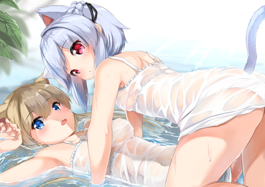 2girls :o all_fours animal_ears ass bangs bare_arms bare_shoulders black_ribbon blue_eyes blurry blurry_background blush braid breasts brown_hair cat_ears cat_girl cat_tail commentary_request depth_of_field dress eyebrows_visible_through_hair girl_on_top hair_between_eyes hair_ribbon highres lying medium_breasts multiple_girls on_back original panties parted_lips red_eyes ribbon see-through shallow_water silver_hair sleeveless sleeveless_dress sora_(silent_square) tail underwear water wavy_mouth wet wet_clothes wet_dress white_panties