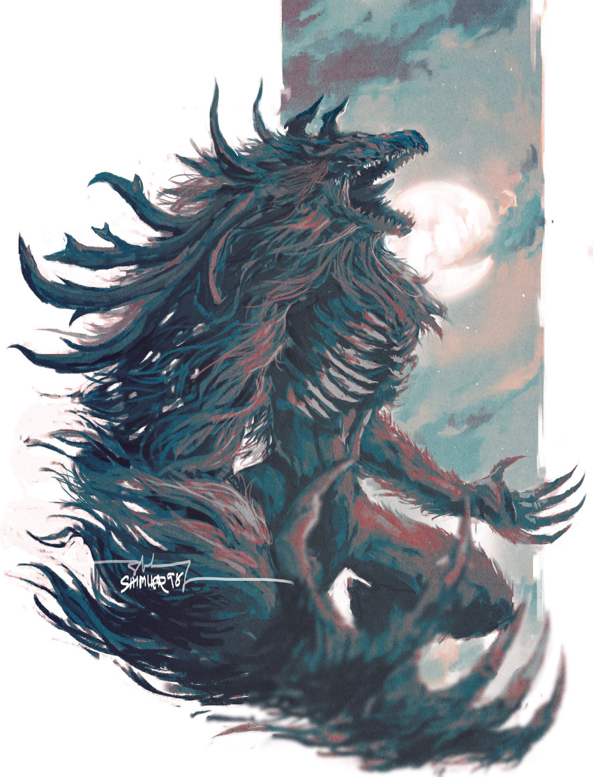 1other absurdres bloodborne character_request from_side full_moon highres monster moon no_humans open_mouth outstretched_arms shimhaq signature spread_arms