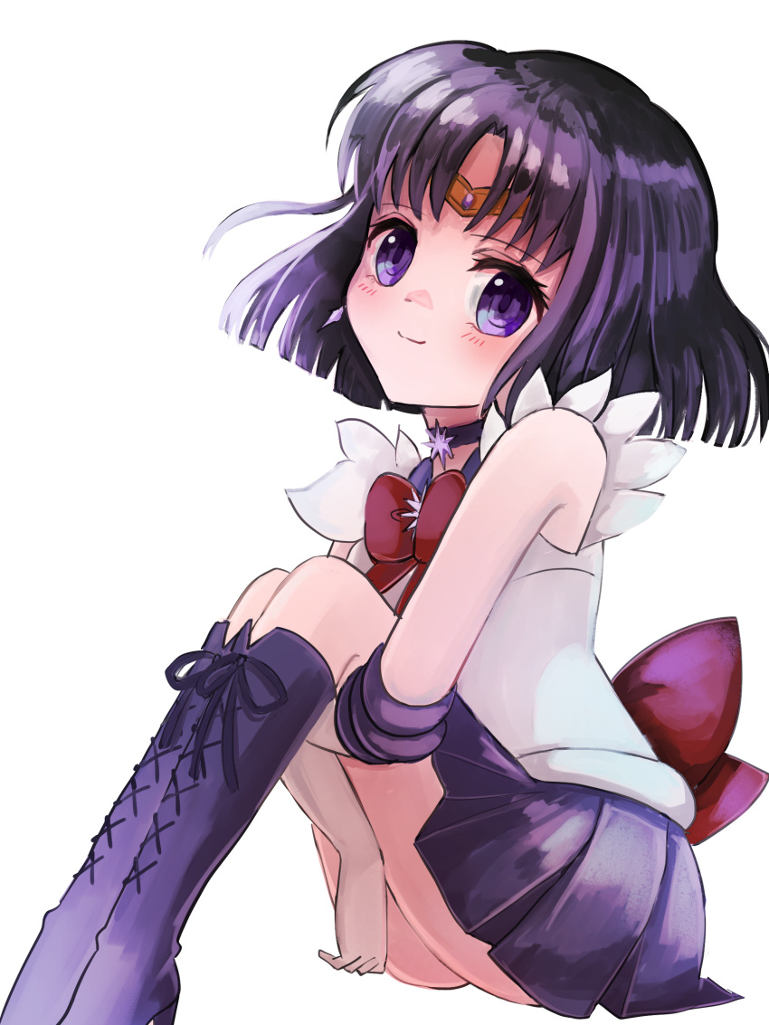 1girl absurdres back_bow bishoujo_senshi_sailor_moon blush boots bow choker circlet closed_mouth cross-laced_footwear elbow_gloves gloves highres knee_boots lace-up_boots looking_at_viewer magical_girl nacky0610 pleated_skirt purple_bow purple_eyes purple_footwear purple_hair purple_neckwear purple_skirt sailor_saturn sailor_senshi_uniform short_hair simple_background sitting skirt smile solo star_(symbol) star_choker tomoe_hotaru white_background white_gloves