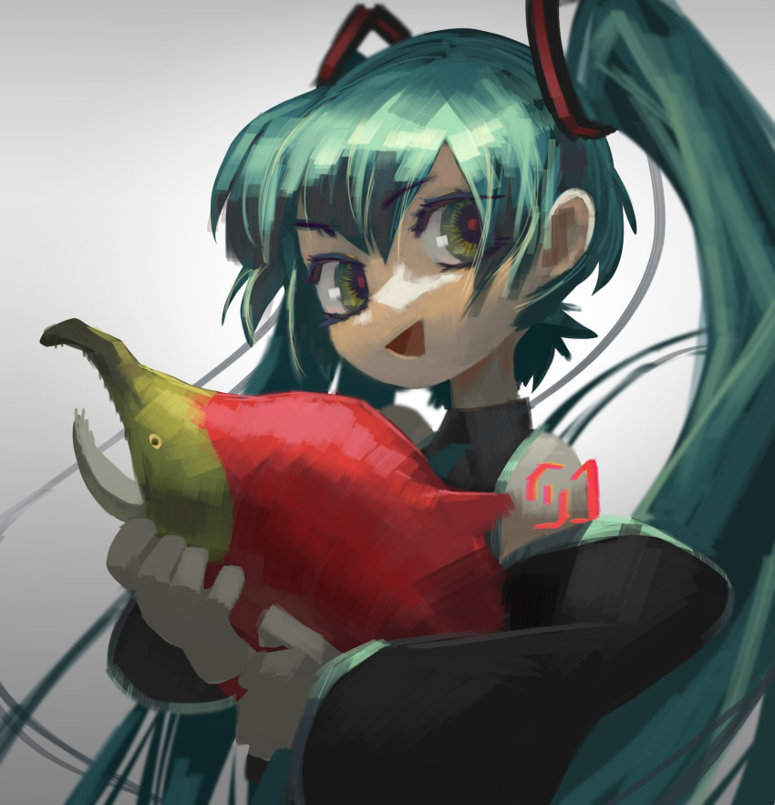 1girl animal black_sleeves detached_sleeves english_commentary eyebrows_visible_through_hair fish green_eyes green_hair hair_ornament hatsune_miku highres holding holding_animal holding_fish long_hair open_mouth salmon_(fish) shoulder_tattoo smile solo tattoo topdylan twintails upper_body very_long_hair vocaloid white_background