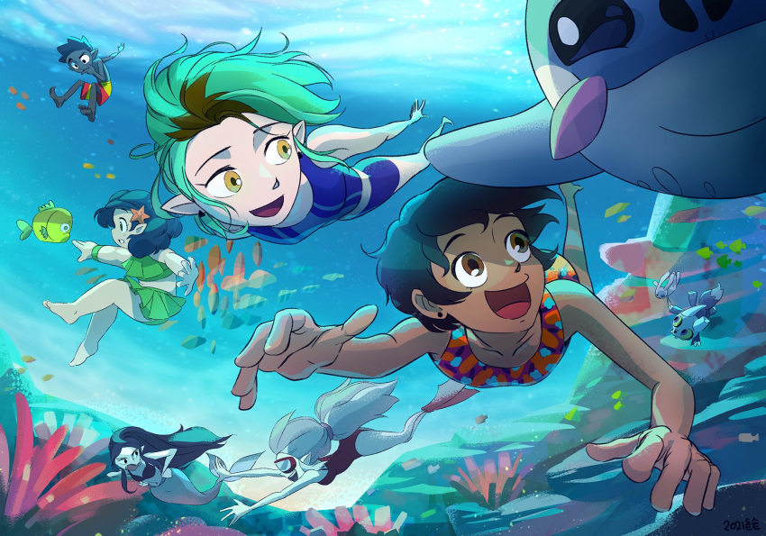 2boys 5girls amity_blight bikini bikini_top black_hair brown_hair coral dark-skinned_female dark_skin edalyn_clawthorne fish frilled_bikini frills green_hair grey_hair gus_porter highres horns king_(the_owl_house) lilith_clawthorne luz_noceda male_swimwear mermaid monster_girl monsterification multicolored_hair multiple_boys multiple_girls ocean one-piece_swimsuit open_mouth pale_skin pointy_ears swim_trunks swimming swimsuit the_owl_house two-tone_hair underwater willow_park zzekzzek