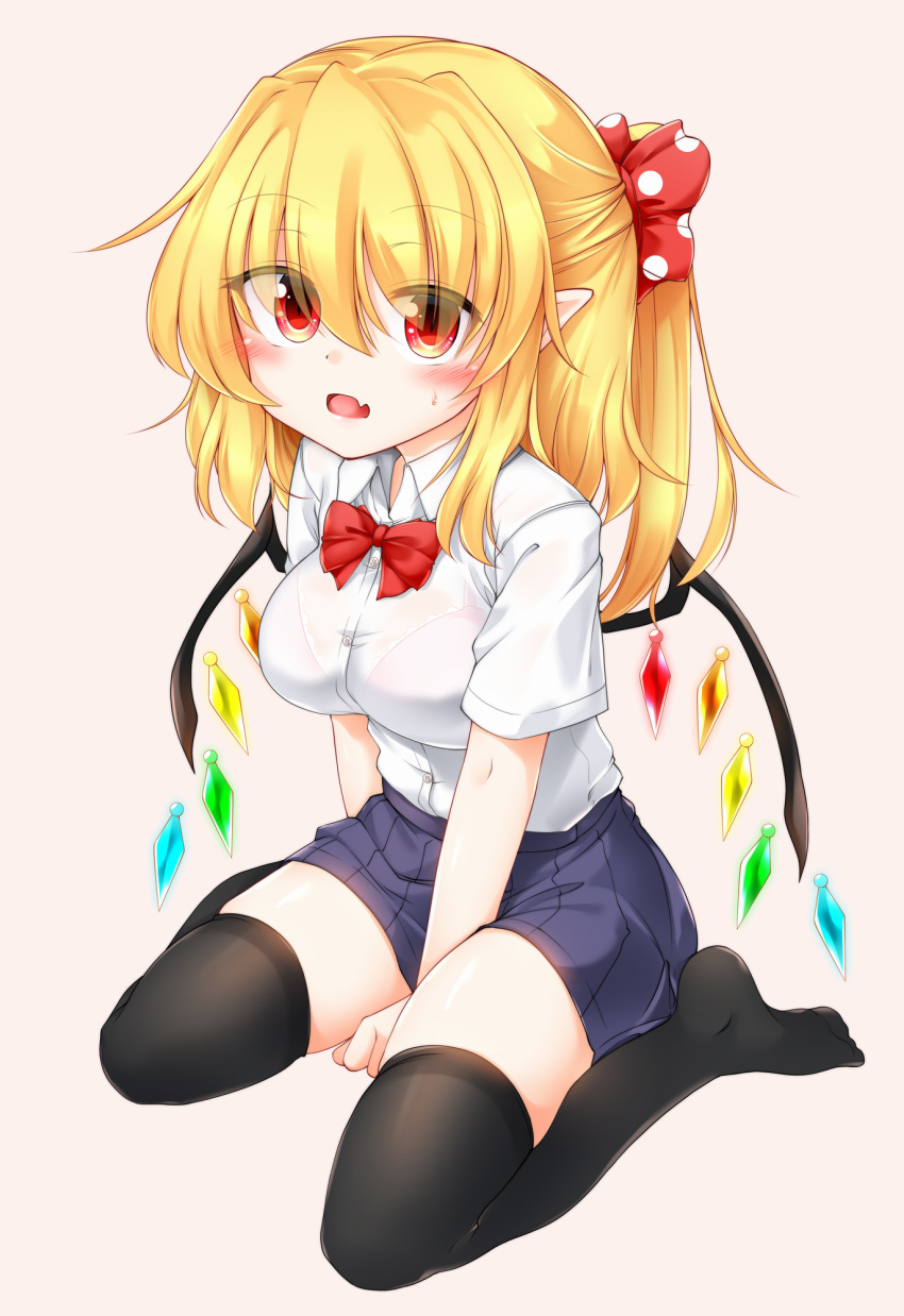 1girl bangs black_legwear blonde_hair blue_skirt blush bow bra bra_through_clothes bralines breasts buttons collar crystal eyebrows_visible_through_hair eyes_visible_through_hair flandre_scarlet hair_between_eyes highres looking_at_viewer marukyuu_ameya medium_breasts medium_hair multicolored multicolored_wings no_hat no_headwear no_shoes open_mouth pink_background pink_bra ponytail red_bow red_eyes red_neckwear school_uniform see-through seiza shirt short_sleeves simple_background sitting skirt solo thighhighs touhou underwear wet wet_clothes wet_shirt white_collar white_shirt white_sleeves wings