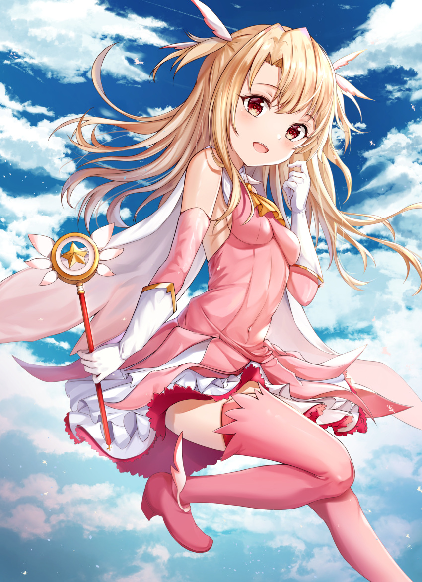 1girl :d absurdres bangs bare_shoulders blonde_hair blue_sky blush boots breasts cloud cloudy_sky commentary_request day detached_sleeves dress eyebrows_visible_through_hair fate/kaleid_liner_prisma_illya fate_(series) feather_hair_ornament feathers foot_out_of_frame foot_up gloves hair_ornament highres holding holding_wand illyasviel_von_einzbern long_hair looking_at_viewer magical_girl open_mouth outdoors pink_dress pink_legwear prisma_illya red_eyes shiny shiny_skin sky small_breasts smile solo thigh_boots thighhighs two_side_up upper_teeth wand white_gloves zeroillya