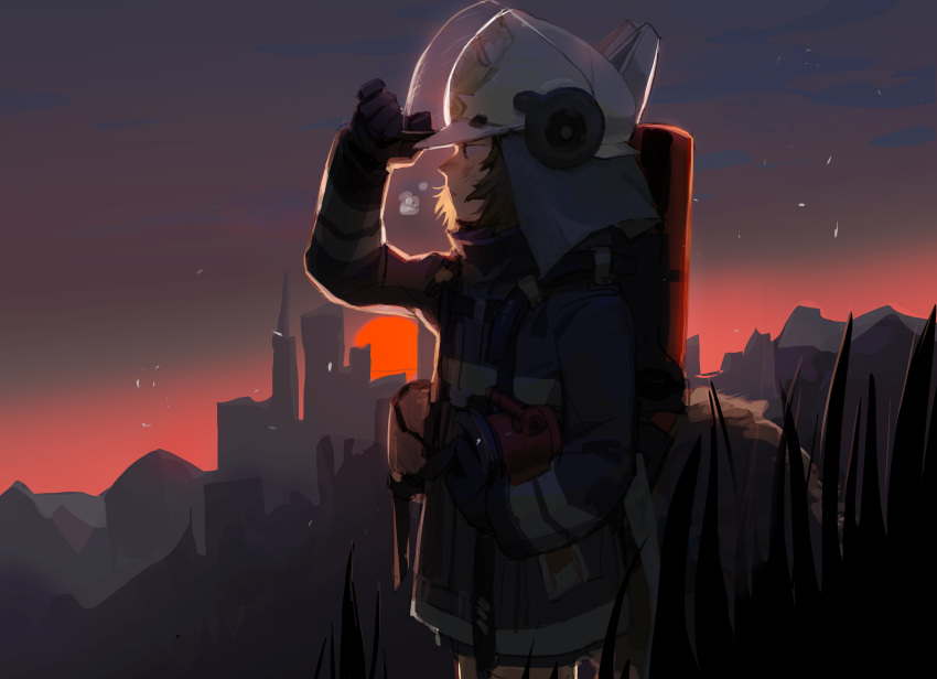 1girl a_yin absurdres animal_ears_helmet arknights black_gloves black_jacket breath brown_hair commentary_request fire_helmet fire_jacket firefighter gloves grass highres jacket outdoors oxygen_tank shaw_(arknights) short_hair shy solo squirrel_girl squirrel_tail sunset tail