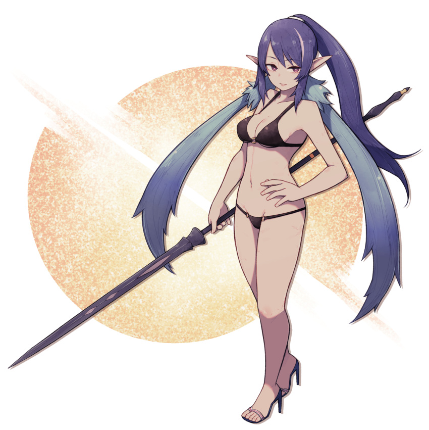 1girl bikini black_bikini blue_footwear breasts bright_pupils cleavage fingernails full_body hand_on_hip high_heels highres holding holding_lance holding_polearm holding_weapon judith_(tales) lamb-oic029 lance long_hair looking_at_viewer navel parted_lips pointy_ears polearm ponytail purple_hair red_eyes solo standing swimsuit tales_of_(series) tales_of_vesperia weapon white_pupils