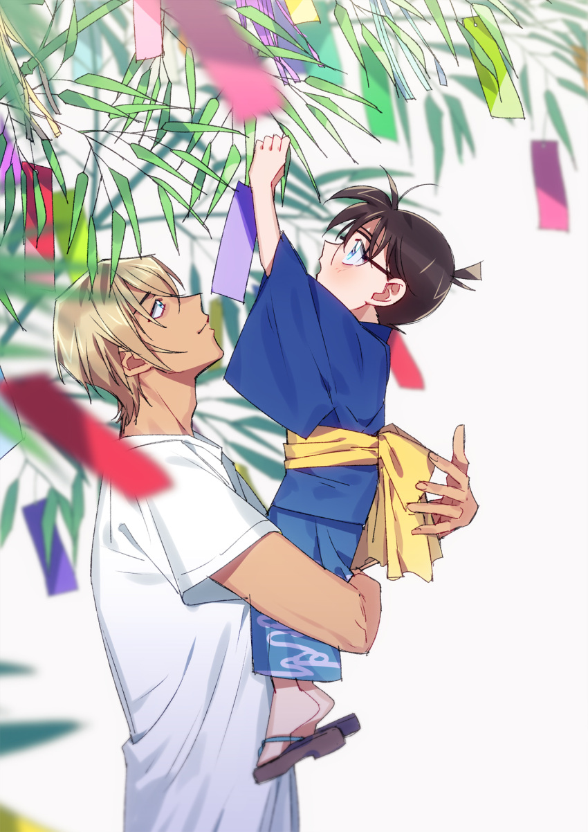 2boys amuro_tooru arms_up bamboo bangs black-framed_eyewear blonde_hair blue_eyes blue_kimono blurry brown_hair child closed_mouth commentary_request depth_of_field edogawa_conan fingernails from_side glasses grey_background height_difference highres holding holding_tanzaku japanese_clothes k_(gear_labo) kimono lifting_person long_sleeves looking_up male_focus meitantei_conan multiple_boys obi open_mouth profile sash shirt short_hair short_sleeves simple_background smile tanabata tanzaku upper_body white_shirt wide_sleeves yellow_sash zouri