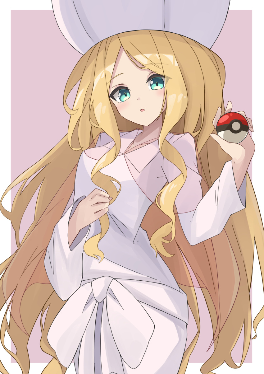 1girl bangs blonde_hair blue_eyes caitlin_(pokemon) collared_dress dress eyebrows_visible_through_hair hat highres holding holding_poke_ball long_hair long_sleeves looking_at_viewer maud0239 open_mouth parted_bangs poke_ball pokemon pokemon_(game) pokemon_bw see-through solo very_long_hair white_dress white_headwear