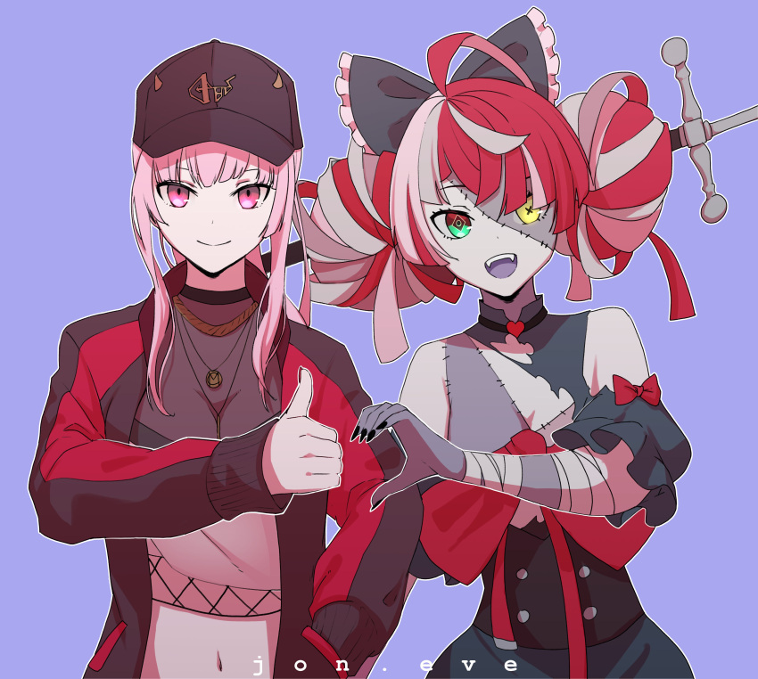 2girls absurdres ahoge artist_name baseball_cap black_bow black_dress black_headwear bow colored_skin double_bun dress eyebrows_behind_hair gradient_eyes green_eyes grey_hair grey_skin hair_bow hat heart_hand_thumb_up_duo heterochromia highres hololive hololive_english hololive_indonesia jacket jewelry jon_eve kureiji_ollie long_hair mori_calliope multicolored multicolored_eyes multicolored_hair multiple_girls navel necklace pink_hair ponytail purple_background red_bow red_eyes red_hair red_jacket sidelocks smile stitched_face torn_clothes torn_dress virtual_youtuber yellow_eyes zombie