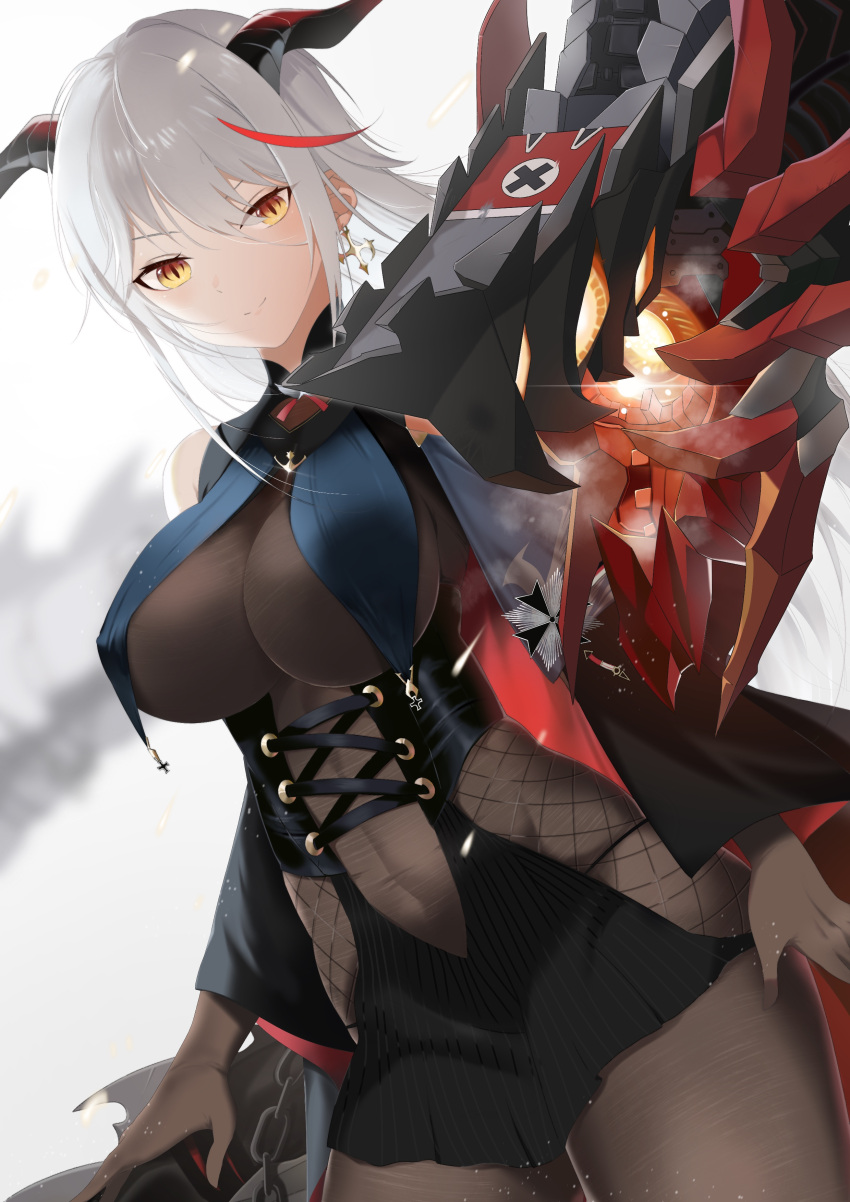 1girl absurdres aegir_(azur_lane) azur_lane bare_shoulders black_cape black_gloves bodystocking breast_curtains breasts cape cross cross_earrings demon_horns dutch_angle earrings gloves grey_background highres horns jewelry large_breasts long_hair looking_at_viewer mechanical_animal medal multicolored_hair oxygen_mask_(oxygenmask233) red_hair simple_background sleeves solo streaked_hair very_long_hair white_hair yellow_eyes