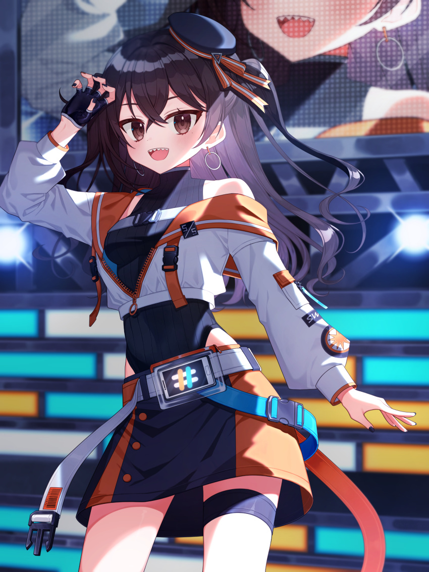 1girl :o absurdres asymmetrical_legwear black_hair blurry breasts cellphone claw_pose cowboy_shot cropped_jacket dancing depth_of_field display_board earrings fingerless_gloves floating_hair gloves hand_up hat henia_(henia61999) highres idol idolmaster idolmaster_cinderella_girls idolmaster_cinderella_girls_starlight_stage jacket jewelry leotard light looking_at_viewer mole mole_under_eye nail_polish open_clothes open_jacket phone sharp_teeth sleeveless small_breasts smile solo stage sunazuka_akira teeth thigh_strap tilted_headwear two_side_up zipper