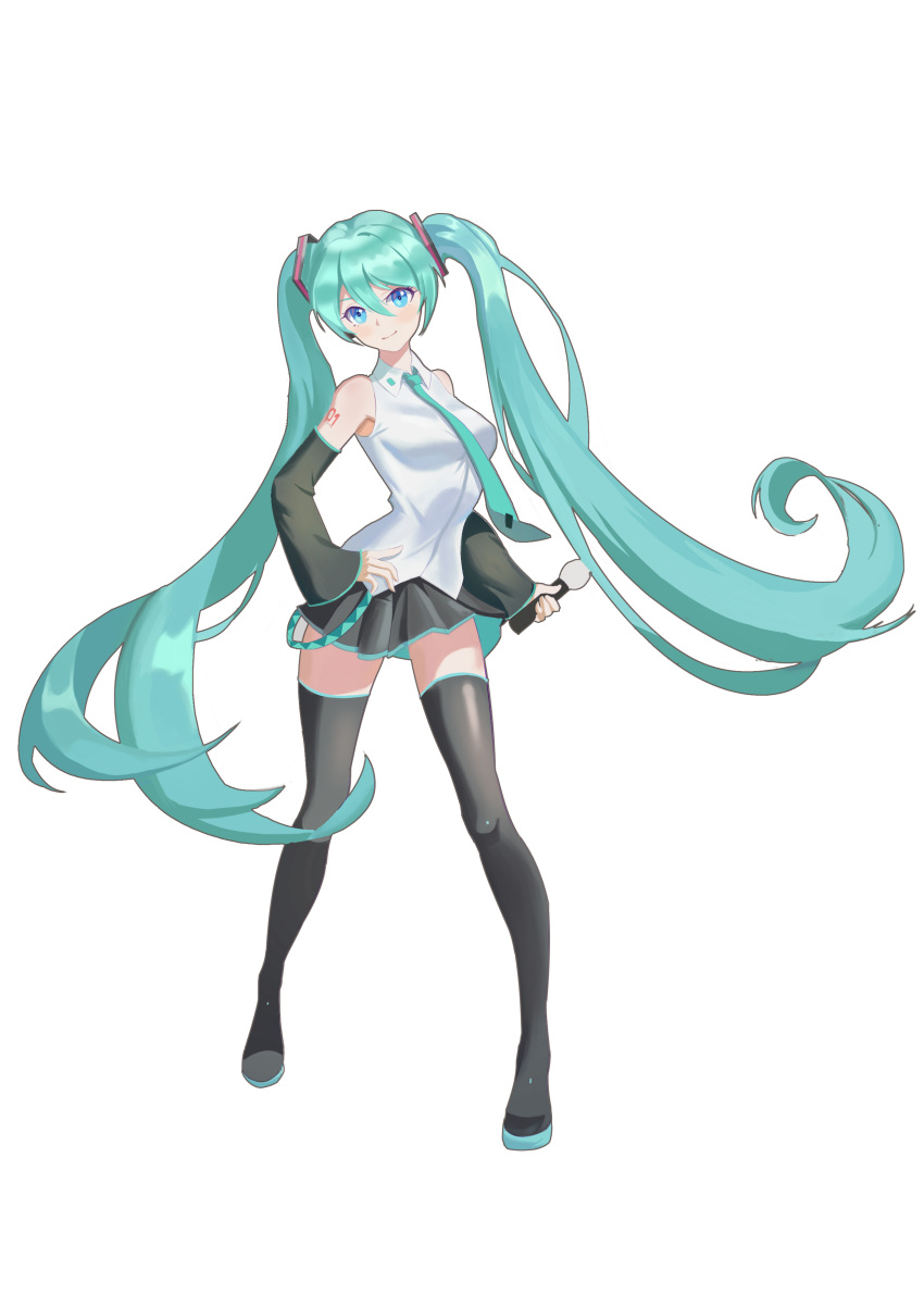 1girl absurdres aqua_eyes aqua_hair aqua_neckwear bare_shoulders blush breasts contrapposto grey_vest hand_on_hip hatsune_miku headset highres holding holding_microphone long_hair looking_at_viewer medium_breasts microphone mihashi necktie smile solo thighhighs thighs twintails very_long_hair vest vocaloid white_background zettai_ryouiki