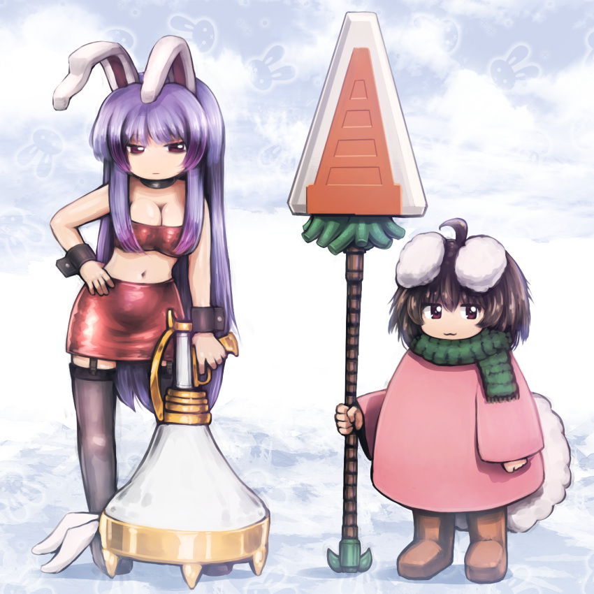 2girls :3 alternate_costume animal_ears black_garter_straps black_legwear breasts brown_hair cleavage collar commentary garter_straps green_scarf hand_on_hip highres inaba_tewi long_hair looking_at_viewer lunatic_gun midriff multiple_girls navel pink_coat polearm purple_hair rabbit_ears rabbit_girl rabbit_tail red_eyes red_skirt red_tube_top reisen_udongein_inaba scarf shirosato short_hair skirt strapless tail thighhighs touhou tube_top very_long_hair weapon wrist_cuffs