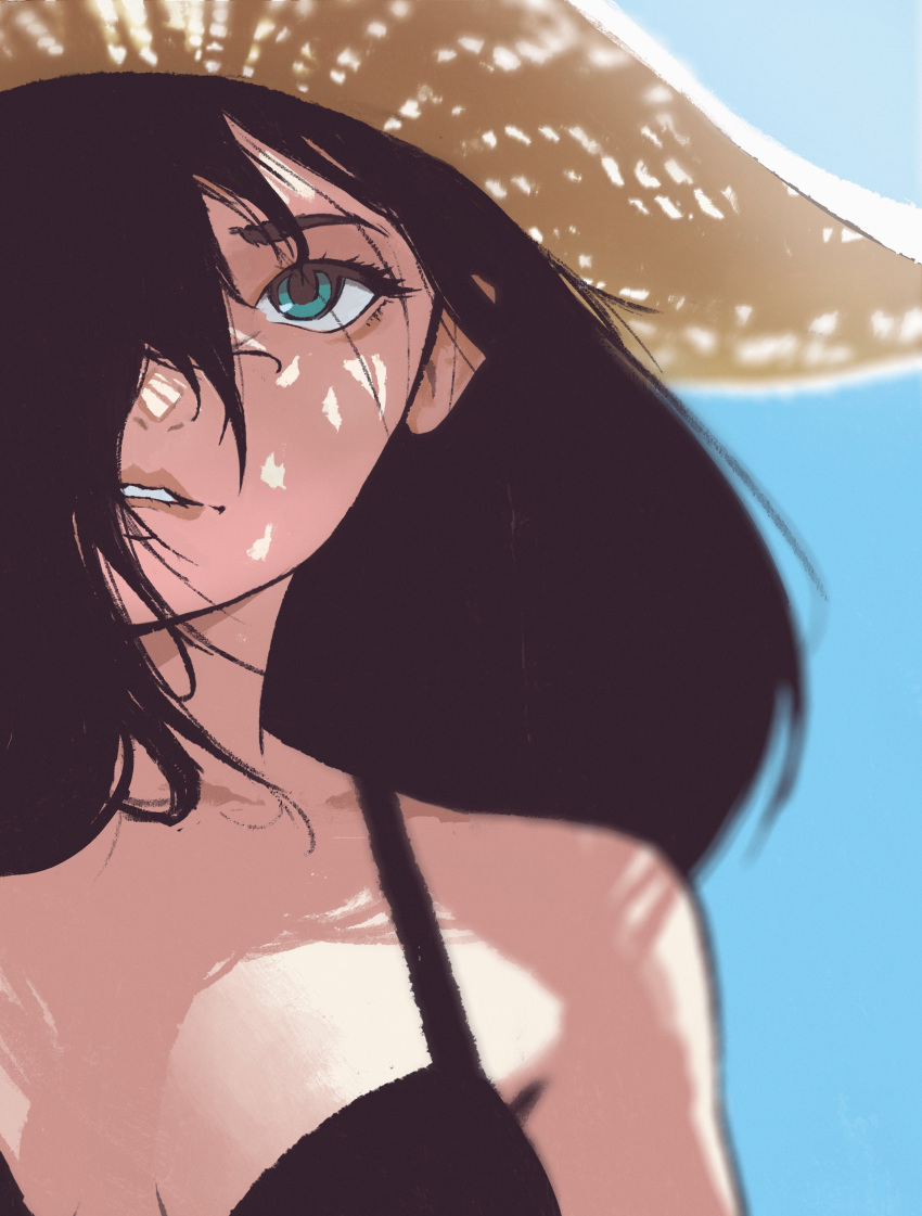 1girl absurdres bikini black_bikini black_hair blue_background blue_eyes breasts cleavage english_commentary hair_over_one_eye hat highres lem long_hair looking_up one_eye_covered original parted_lips portrait solo straw_hat swimsuit