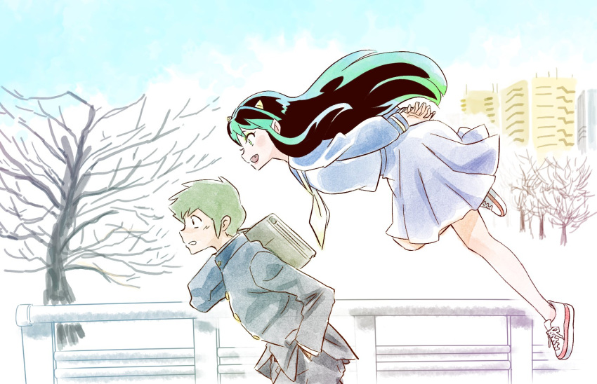 1boy 1girl bag black_hair building floating gakuran green_eyes green_hair hand_in_pocket highres horns long_hair lum moroboshi_ataru nishikawa_takashi oni_horns school_bag school_uniform serafuku shoes sneakers tree urusei_yatsura