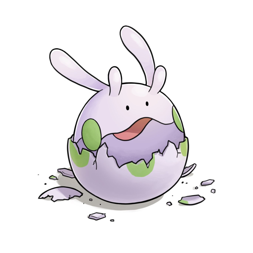 creature egg eggshell full_body gen_6_pokemon goomy hatching highres no_humans numera_goomy open_mouth pokemon pokemon_(creature) simple_background solo white_background