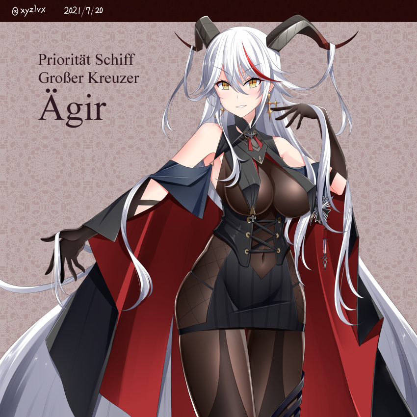 2021 absurdly_long_hair absurdres aegir_(azur_lane) artist_name azur_lane bare_shoulders black_cape black_dress black_gloves bodystocking boots breast_curtains breasts cape character_name covered_navel cross cross_earrings demon_horns dress earrings eyebrows_visible_through_hair gloves hebitsukai-san highres horns iron_cross jewelry knee_boots large_breasts long_hair looking_at_viewer medal microdress multicolored_hair panties red_hair revealing_clothes simple_background single_knee_boot skin_tight skindentation sleeves streaked_hair string_panties two-tone_hair underwear very_long_hair white_hair yellow_eyes