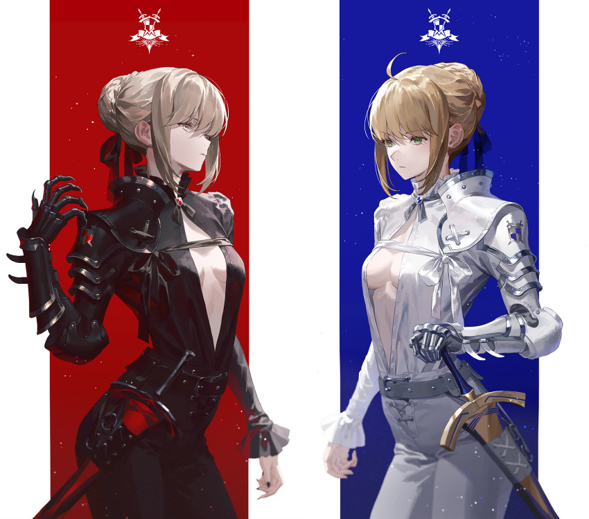 2girls ahoge armor artoria_pendragon_(all) bangs belt belt_buckle black_armor black_nails black_pants black_ribbon black_shirt blonde_hair blue_ribbon braid breasts buckle center_opening excalibur_(fate/stay_night) excalibur_morgan_(fate) eyebrows_visible_through_hair fajyobore fate/stay_night fate_(series) french_braid gauntlets green_eyes hair_bun hair_ribbon highres long_hair long_sleeves looking_ahead medium_breasts multiple_girls nail_polish pants pauldrons ribbon saber saber_alter scabbard sheath shirt shoulder_armor sidelocks single_gauntlet single_pauldron small_breasts solo sword thighs vambraces weapon white_pants white_shirt yellow_eyes