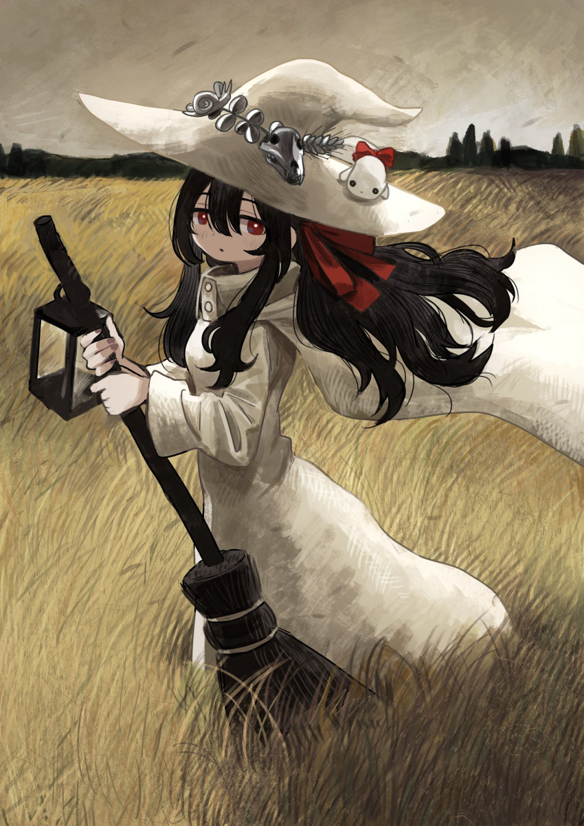 1girl bangs black_hair borrowed_character broom cape creature creature_on_head dress grass gregor_(tsurunoka) hair_between_eyes hair_ribbon hat highres holding holding_broom lantern lead_white_(tsurunoka) long_hair long_sleeves original outdoors red_eyes ribbon shadow solo standing white_cape white_dress white_headwear wind witch witch_hat zinbei