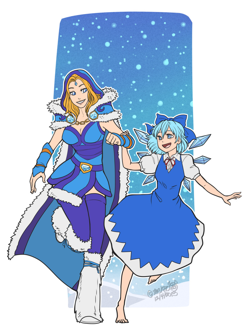 2girls :d absurdres bangs barefoot blonde_hair blue_cape blue_dress blue_eyes blue_hair blue_legwear boots breasts cape cirno cleavage crossover crystal crystal_maiden defense_of_the_ancients dota_2 dress full_body hair_between_eyes hair_ribbon hand_on_another's_arm highres ice ice_wings long_hair looking_at_another multiple_girls open_mouth ribbon running short_hair short_sleeves smile snow snowing standing standing_on_one_leg teeth thek40 thighhighs toes touhou white_footwear wings