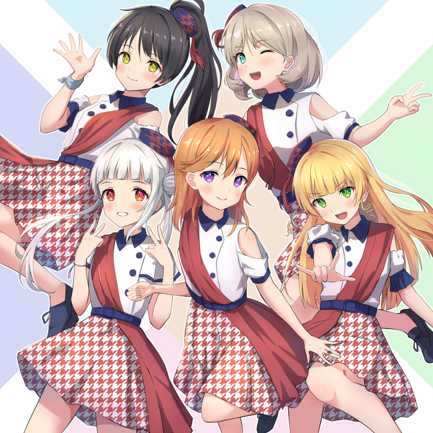 5girls arashi_chisato b.ren bangs belt_buckle black_hair blonde_hair blue_eyes blunt_bangs bow buckle collared_shirt double_bun dress green_eyes grey_hair hair_bow hazuki_ren heanna_sumire high_ponytail highres long_hair love_live! love_live!_superstar!! medium_hair multiple_girls orange_hair parted_bangs ponytail purple_eyes red_eyes shibuya_kanon shiny shiny_hair shirt short_hair single_sidelock start!!_true_dreams_(love_live!) tang_keke white_hair white_shirt yellow_eyes