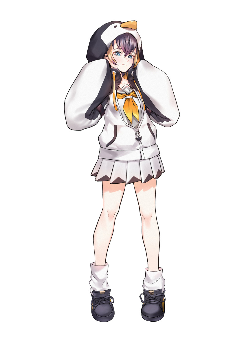 1girl absurdres animal_hood artpatient black_footwear black_hoodie blonde_hair blue_eyes blush brown_hair collarbone drawstring full_body hair_behind_ear highres hood hoodie looking_down multicolored_hair nijisanji nijisanji_en penguin_hood petra_gurin sailor_collar skirt sleeves_past_fingers sleeves_past_wrists smile solo streaked_hair tube_socks two-tone_hoodie virtual_youtuber white_background white_hoodie white_skirt