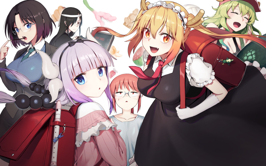 1boy 5girls :o backpack bag bangs black_hair blonde_pubic_hair blue_eyes blunt_bangs breasts cleavage collared_shirt controller dragon_boy dragon_girl dragon_horns dragon_tail eating elma_(maidragon) fafnir_(maidragon) food glasses gloves grey_shirt hat highres holding holding_controller horns kanna_kamui kobayashi-san_chi_no_maidragon kobayashi_(maidragon) large_breasts looking_at_viewer looking_back maid_headdress multiple_girls penguin_say pink_hair pocky quetzalcoatl_(maidragon) red_eyes red_hair red_neckwear shirt suit_jacket sweater_vest tagme tail tohru_(maidragon) twintails video_game white_gloves you_died