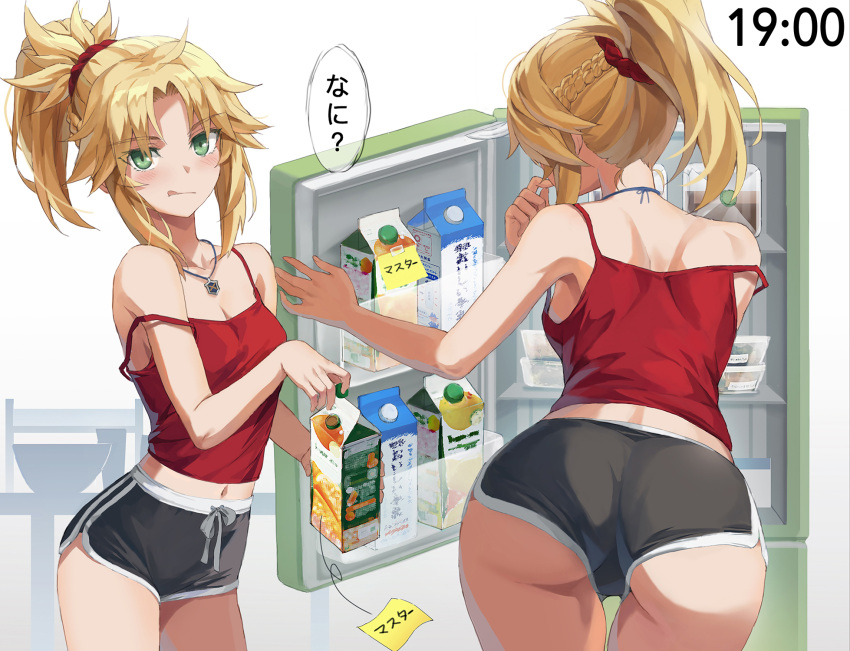 1girl ass back bare_shoulders blonde_hair braid breasts camisole carton collarbone dolphin_shorts fate/apocrypha fate_(series) french_braid green_eyes grey_shorts hair_ornament hair_scrunchie highres jewelry licking_lips long_hair looking_at_viewer mordred_(fate) mordred_(fate)_(all) multiple_views navel necklace ponytail red_camisole refrigerator revision scrunchie short_shorts shorts sidelocks small_breasts tonee tongue tongue_out translated