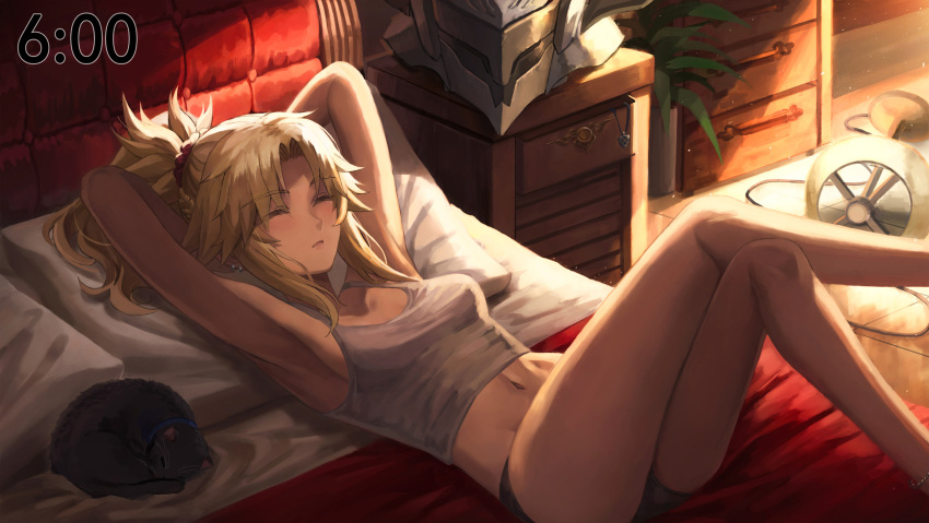 1girl animal armpits arms_behind_head arms_up bangs bare_shoulders black_cat black_legwear black_panties blonde_hair braid breasts camisole cat closed_eyes collarbone commentary_request crossed_legs fate/apocrypha fate_(series) french_braid hair_ornament hair_scrunchie highres long_hair lying midriff mordred_(fate) mordred_(fate)_(all) navel on_back panties parted_bangs ponytail scrunchie sidelocks sleeping small_breasts thighhighs thighs tonee underwear white_camisole