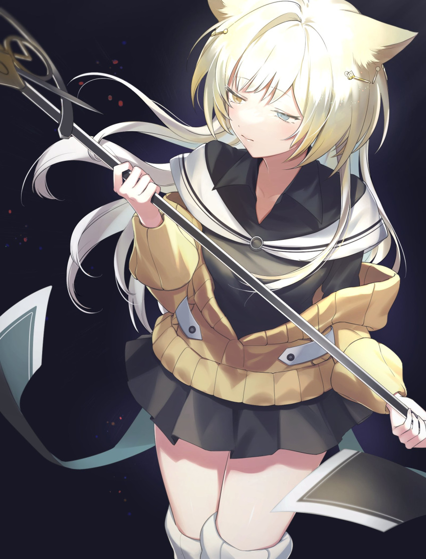 1girl animal_ears arknights black_background black_shirt black_skirt blonde_hair blue_eyes blush cat_ears commentary cowboy_shot eyebrows_visible_through_hair geta_(epicure_no12) hair_ornament heterochromia highres holding holding_staff long_hair looking_away looking_to_the_side nightmare_(arknights) pleated_skirt shirt skirt solo staff sweater thighhighs thighs white_background white_legwear yellow_eyes yellow_sweater