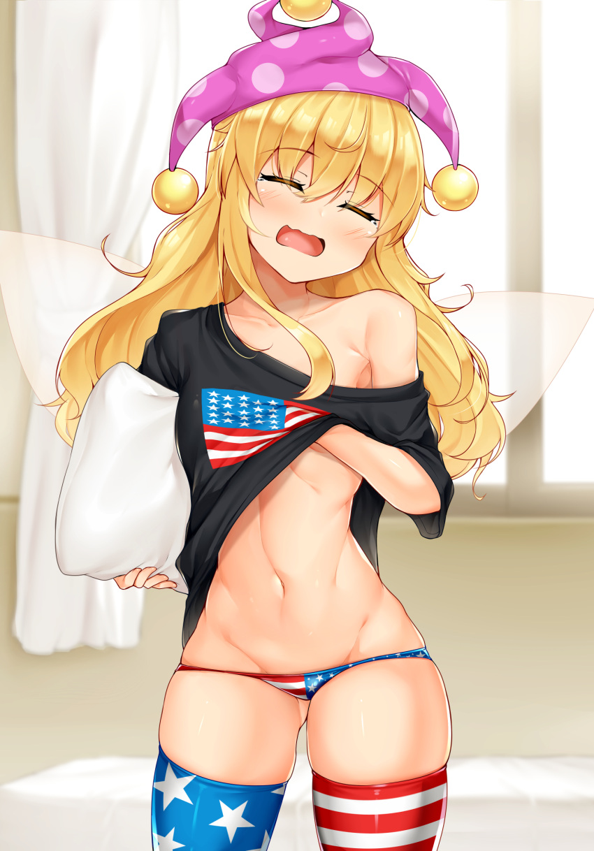 1girl american_flag_legwear american_flag_panties bangs black_shirt blonde_hair closed_eyes clothes_lift clownpiece collarbone cowboy_shot curtains facing_viewer fairy_wings hat head_tilt highres holding holding_pillow indoors jester_cap lifted_by_self long_hair lowleg lowleg_panties navel open_mouth panties pillow pink_headwear polka_dot scratching shirt shirt_lift short_sleeves single_bare_shoulder sleepy solo star_(symbol) star_print stomach striped thighhighs tokoya_(ex-hetare) touhou transparent_wings underwear wings yawning