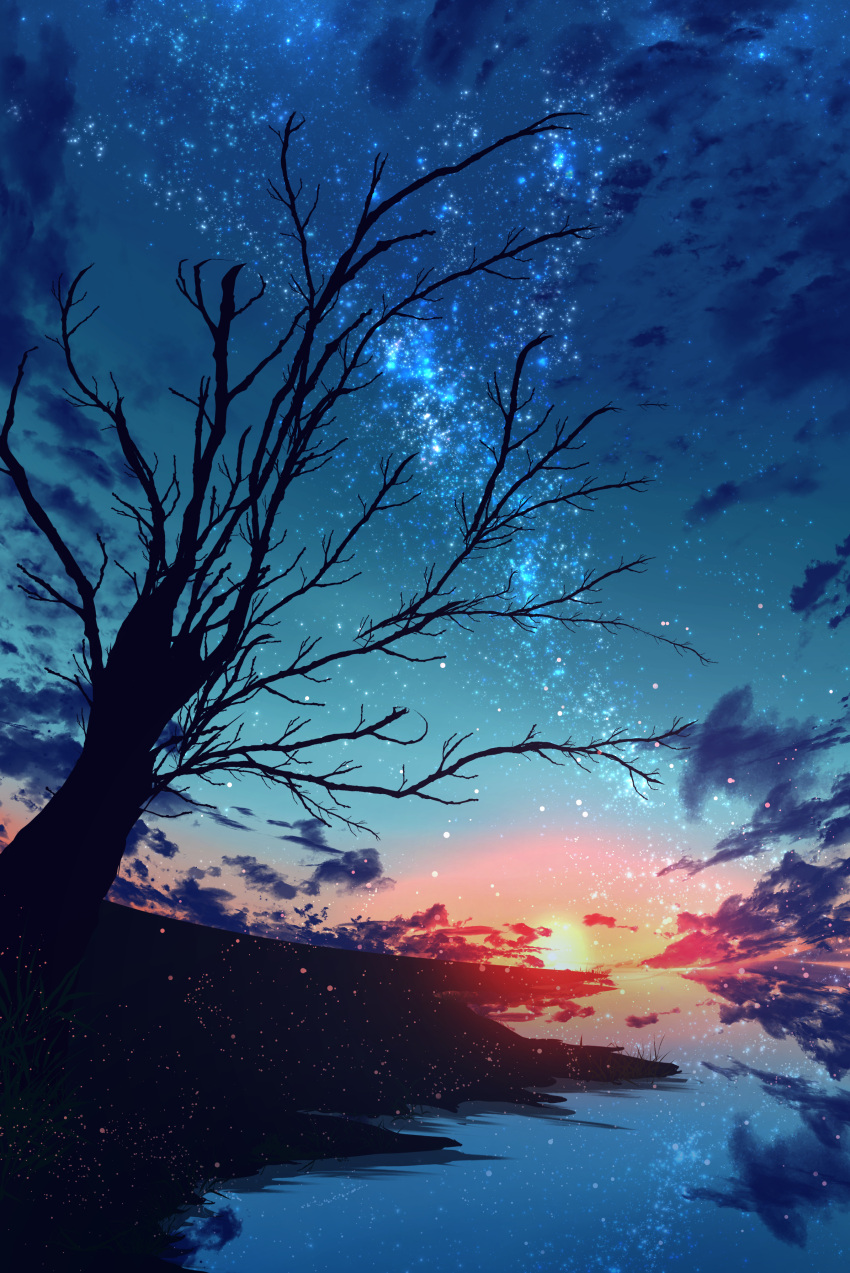 abisswalker8 absurdres blue_sky cloud commentary dark_foreground grass highres night night_sky no_humans original outdoors plant red_clouds reflection romaji_commentary scenery shore sky star_(sky) starry_sky sun tree tree_branch water withered