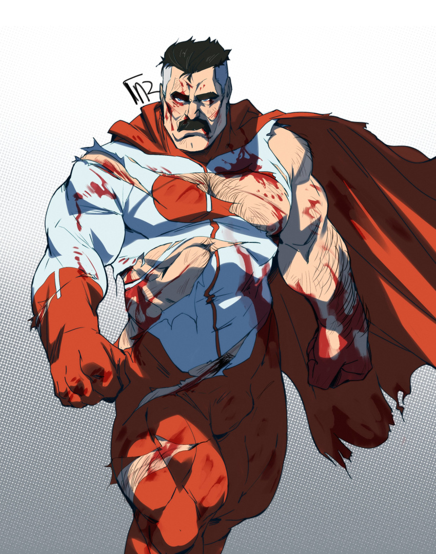 1boy absurdres arm_hair bara bare_pectorals black_hair blood blood_on_face blue_eyes bodysuit bulge cape chest_hair facial_hair feet_out_of_frame frown highres invincible_(series) large_pectorals leg_hair male_focus mature_male multicolored_hair muscular muscular_male mustache old old_man omniman pectorals pubic_hair pubic_hair_peek red_bodysuit red_cape ross_(doodlrenzo) short_hair solo thick_eyebrows torn_bodysuit torn_clothes two-tone_hair white_bodysuit wind