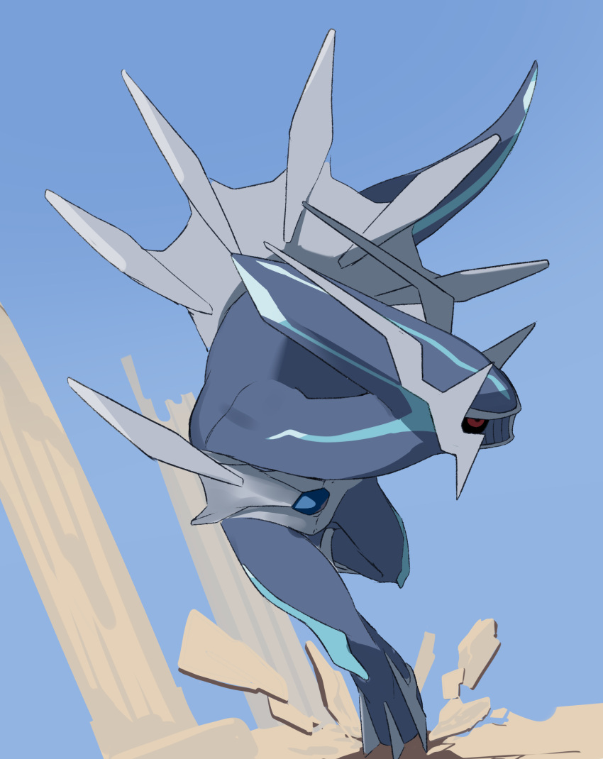 black_sclera blue_skin claws colored_sclera colored_skin commentary_request crack dialga full_body gen_4_pokemon highres kii_(kiiui) legendary_pokemon looking_to_the_side no_humans pillar pokemon pokemon_(creature) red_eyes solo