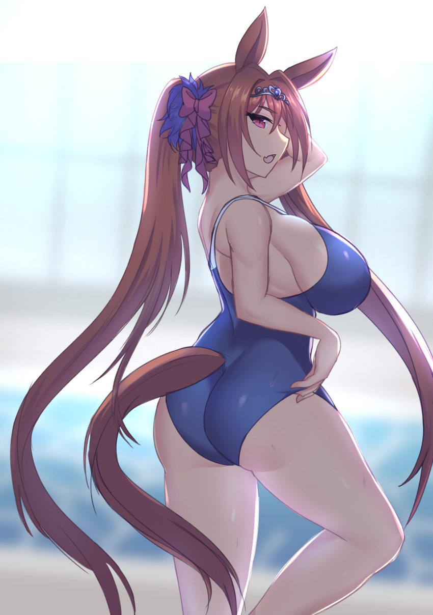 1girl animal_ears bangs blue_swimsuit blurry blurry_background bow breasts brown_hair competition_swimsuit cowboy_shot daiwa_scarlet_(umamusume) eyebrows_visible_through_hair fang from_side hair_bow hand_under_clothes hand_under_swimsuit highres horse_ears horse_girl horse_tail indoors jifuwabe large_breasts long_hair looking_at_viewer looking_to_the_side one-piece_swimsuit open_mouth ponytail pool red_eyes sideboob sideways_glance skin_fang solo swimsuit tail tiara twintails umamusume very_long_hair water
