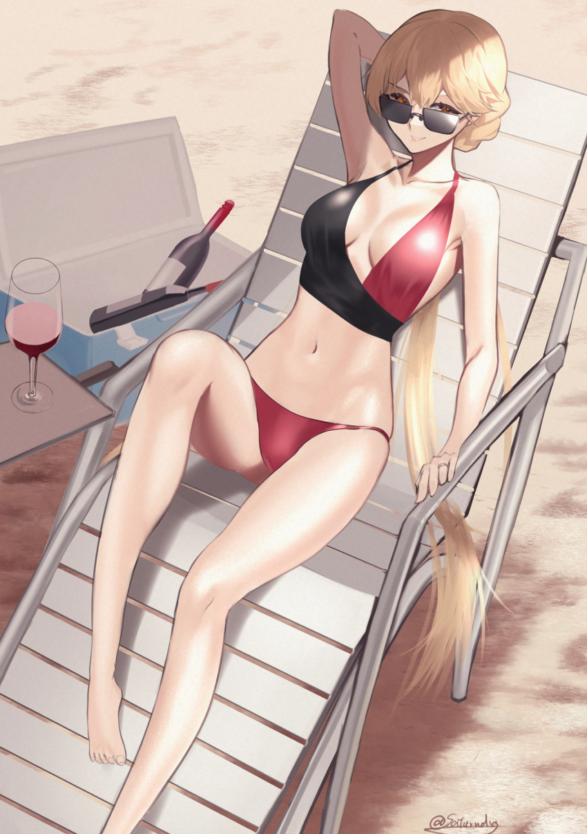 1girl alcohol beach beach_chair bikini bikini_bottom bikini_top blonde_hair bottle breasts cup drinking_glass eyebrows feet full_body girls'_frontline highres jewelry legs long_hair looking_at_viewer multicolored multicolored_clothes no_shoes ots-14_(girls'_frontline) ponytail reclining ring saturndxy small_breasts smile solo sunglasses swimsuit wedding_ring wine wine_bottle wine_glass yellow_eyes