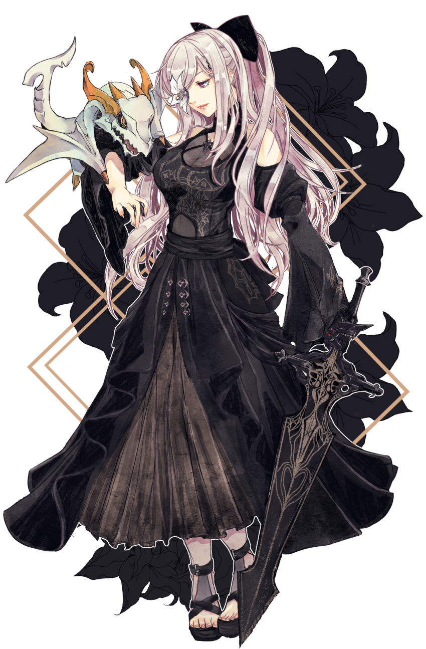 1girl bangs bare_shoulders black_bow black_dress bow commentary_request drag-on_dragoon drag-on_dragoon_3 dragon dress flower flower_over_eye hair_ornament hairpin highres holding holding_sword holding_weapon long_hair lunar_tear mikhail_(drag-on_dragoon) nier_(series) nier_reincarnation official_alternate_costume parted_lips red_eyes rolling_anco simple_background sword very_long_hair weapon white_background wide_sleeves zero_(drag-on_dragoon)