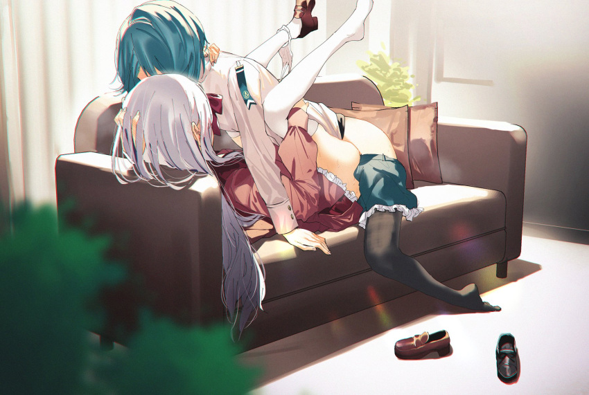 2girls aizawa_kazuha arm_around_neck arm_support arm_up assault_lily black_footwear black_legwear blue_hair blue_skirt blurry blurry_foreground blush blush_visible_through_hair bow bowtie brown_footwear chromatic_aberration clothes_lift clothes_pull couch covered_face curtains cushion day ear_blush facing_away folded frilled_skirt frills futa_with_female futanari girl_on_top hand_in_hair hand_on_another's_head highres implied_futanari indoors jacket kanba_girls_high_school_uniform kon_kanaho legs_up lens_flare loafers long_hair long_sleeves miniskirt missionary multiple_girls on_couch orihi_chihiro panties panties_around_one_leg plant red_bow red_neckwear red_shirt red_skirt school_uniform sex shadow shiny shiny_hair shirt shoe_removed shoes short_hair silver_hair single_shoe skirt skirt_lift skirt_pull sweat thighhighs underwear very_long_hair white_jacket white_legwear white_panties
