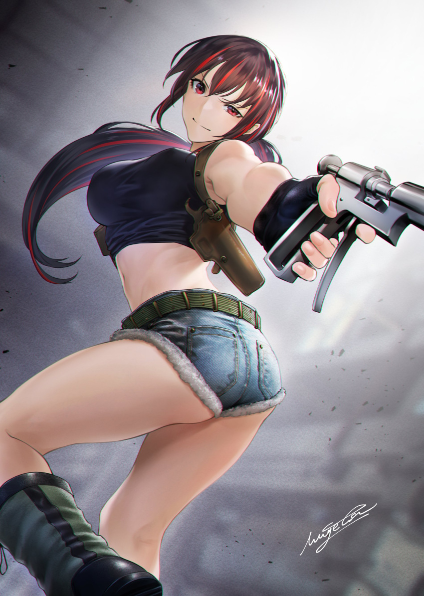 1girl absurdres ass belt black_hair black_lagoon black_tank_top boots breasts cosplay denim denim_shorts fighting_stance fingerless_gloves gloves highres holding jet_injector midriff mugetsu2501 multicolored_hair original ponytail red_hair reference_work revy_(black_lagoon) revy_(black_lagoon)_(cosplay) shorts solo souyakuchan tank_top two-tone_hair