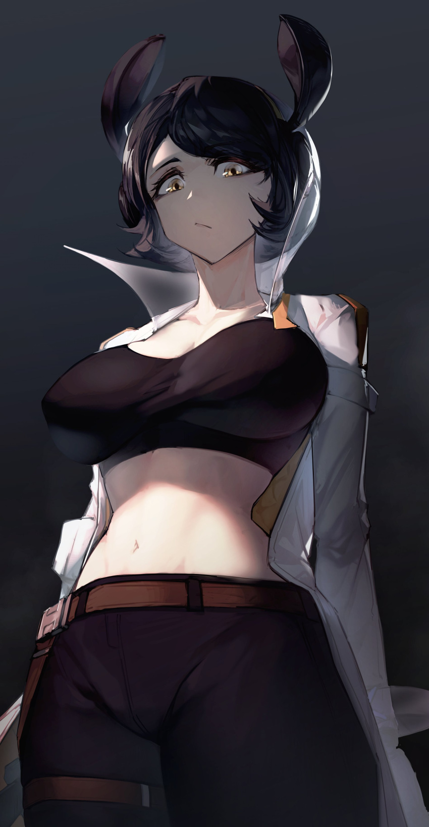 1girl absurdres animal_ears belt black_pants borrowed_character breasts brown_belt bunny_ears cleavage collarbone crop_top english_commentary from_below grey_background highres jacket jin_grey_paladin large_breasts midriff navel original pants rabbit_girl solo white_jacket yellow_eyes