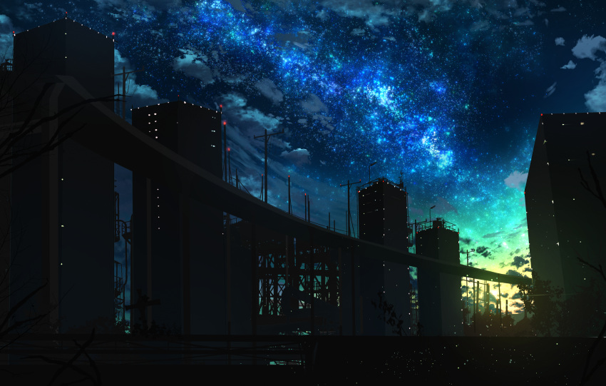 abisswalker8 absurdres architecture blue_sky building cloud commentary_request dark_foreground highres industrial light night night_sky no_humans original outdoors plant power_lines scenery sky star_(sky) starry_sky tree tree_branch utility_pole viaduct