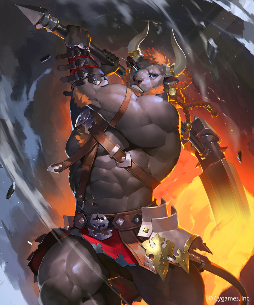 1boy abs animal_ears ass_visible_through_thighs axe bara beard black_male_underwear briefs brown_fur character_request check_copyright chest_hair chest_harness copyright_request cow_ears cow_horns cow_tail cygames facial_hair fighting_stance furry glowing glowing_eye harness highres holding holding_axe horns incoming_attack kouta_nagamori large_pectorals male_focus male_underwear mature_male minotaur muscular muscular_male navel official_art orange_hair over_shoulder pectorals revealing_clothes shadowverse short_hair sidepec solo standing standing_on_one_leg stomach tail thick_thighs thighs underwear weapon weapon_over_shoulder wind wind_lift