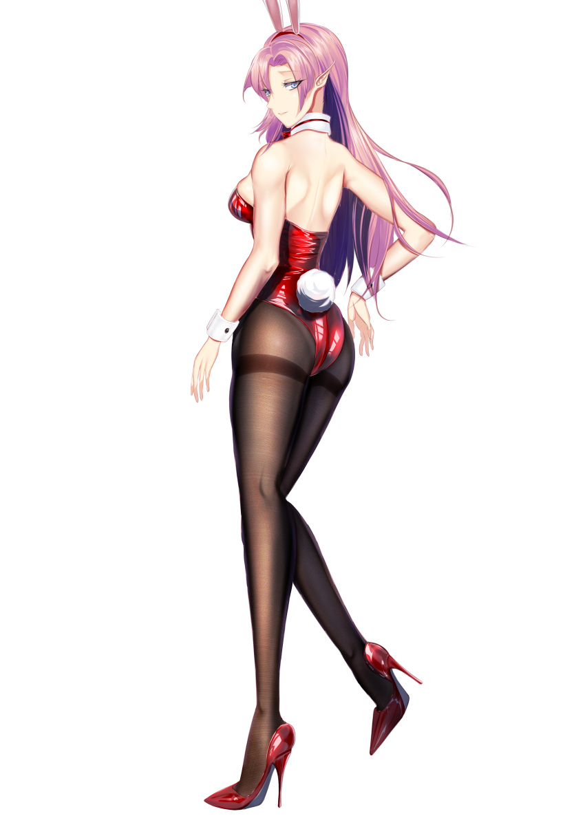 1girl absurdres animal_ears ass azur_lane backless_leotard blue_eyes breasts bunny_ears bunny_tail detached_collar duke_of_york_(azur_lane) fake_animal_ears fake_tail gosama high_heels highres leotard long_hair looking_at_viewer looking_back medium_breasts pantyhose pink_hair playboy_bunny pointy_ears red_footwear red_leotard solo stiletto_heels strapless strapless_leotard tail thighband_pantyhose transparent_background wrist_cuffs
