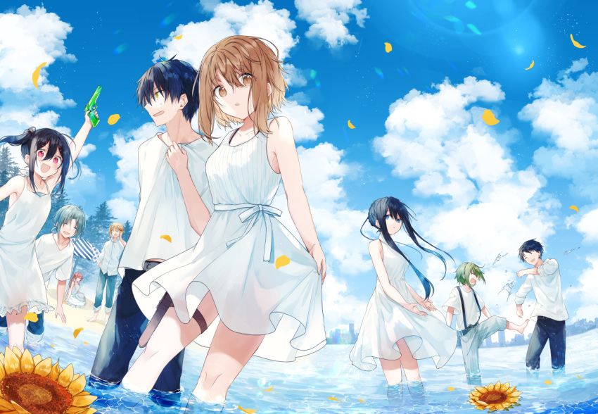 4girls 5boys :d ^_^ arm_up bangs bare_arms bare_shoulders beach_umbrella black_hair black_pants blue_eyes blue_sky breasts brown_eyes brown_hair closed_eyes cloud cloudy_sky collarbone collared_dress commentary_request day dress eyebrows_visible_through_hair flower flower_on_liquid green_eyes green_hair grey_pants hair_between_eyes holding kazutake_hazano long_sleeves medium_breasts multiple_boys multiple_girls open_mouth original outdoors pants parted_lips petals shirt short_sleeves sky skyline sleeveless sleeveless_dress smile standing striped sunflower twintails umbrella vertical-striped_pants vertical_stripes wading water water_gun white_dress white_shirt yellow_flower