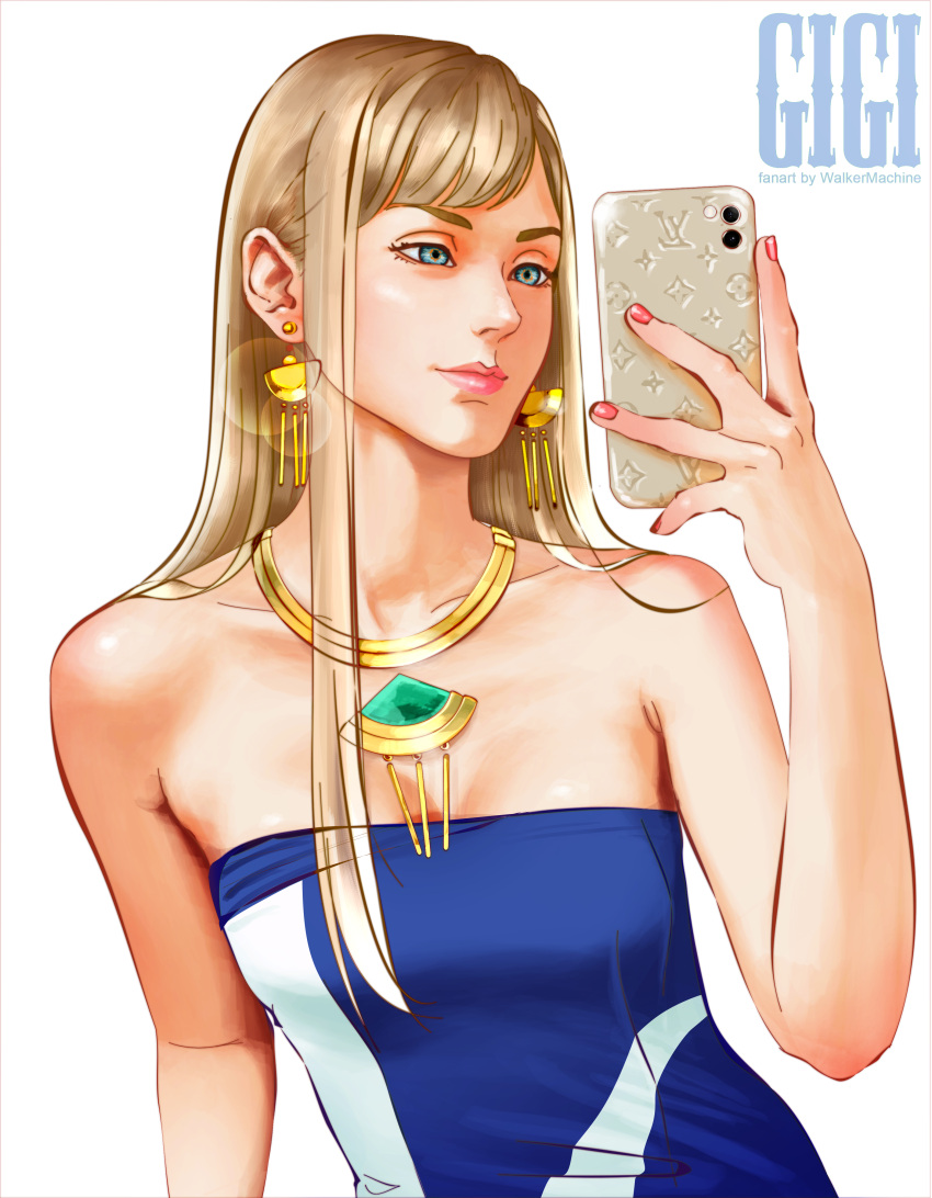 1girl absurdres bangs blonde_hair blue_eyes breasts cellphone character_name cleavage collarbone earrings gigi_andalusia gundam gundam_hathaway's_flash hair_behind_ear highres holding holding_phone jewelry long_hair necklace phone realistic selfie small_breasts smartphone smile solo upper_body walkermachine white_background
