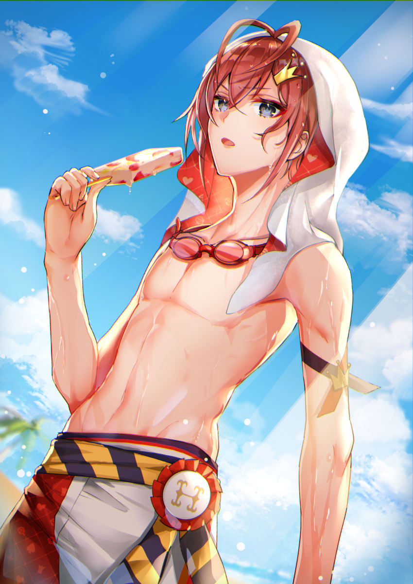 1boy absurdres blue_eyes crown food highres ice_cream looking_at_viewer male_focus male_swimwear md5_mismatch mini_crown open_mouth red_hair resolution_mismatch riddle_rosehearts short_hair solo source_smaller swim_trunks swimsuit twisted_wonderland yuduki_(tt-yuduki)