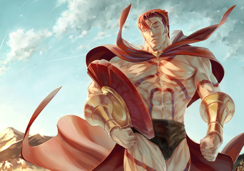 1boy abs bare_pectorals black_shorts bracer bulge cape chest_tattoo fate/grand_order fate_(series) feet_out_of_frame hair_strand headwear_removed helmet helmet_removed highres large_pectorals leg_tattoo leonidas_(fate) male_focus muscular muscular_male navel no_nipples pectorals red_cape red_hair short_hair short_shorts shorts sib_(utau7) smile solo stomach tattoo thick_thighs thighs walking wind