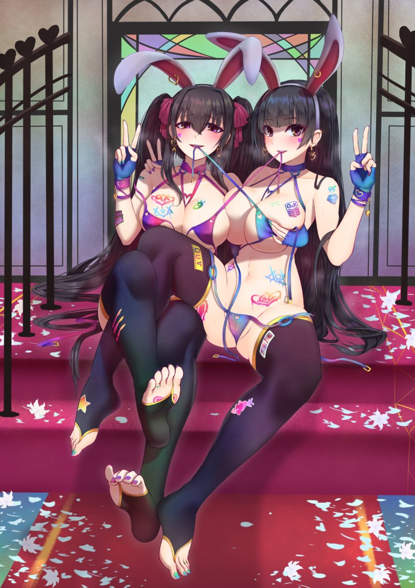 2girls animal_ears bikini black_hair black_legwear blue_bikini blue_gloves breasts bridal_legwear bunny_ears earrings fake_animal_ears feet fingerless_gloves girls'_frontline gloves highres jewelry large_breasts long_hair multiple_girls navel popoman purple_bikini purple_eyes sitting string_bikini swimsuit thighhighs twintails type_95_(girls'_frontline) type_97_(girls'_frontline) untied untied_bikini very_long_hair