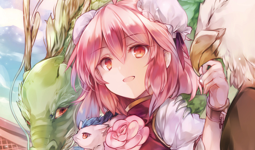 1girl animal bangs bird blue_sky chain closed_eyes closed_mouth cloud cloudy_sky dragon eagle eyebrows_visible_through_hair flower hair_between_eyes hair_ribbon hand_up highres ibaraki_kasen kutsuki_kai looking_at_viewer looking_to_the_side open_mouth pink_flower pink_hair pink_ribbon pink_vest puffy_short_sleeves puffy_sleeves red_eyes ribbon shirt short_hair short_sleeves sky smile touhou vest white_headwear white_shirt white_sleeves wristband